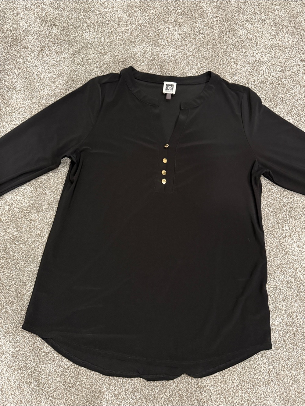 Anne Klein Black Long-Sleeve Henley Top with Gold Buttons